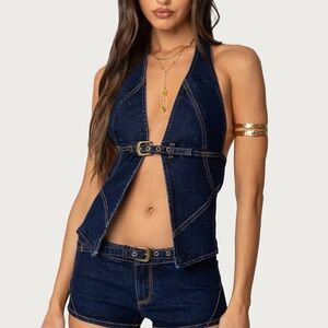 Edikted Ciel Split Front Denim Halter Top